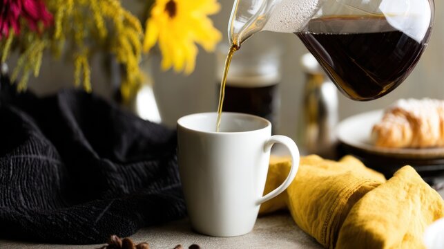 Coffee being poured into a white mug.
