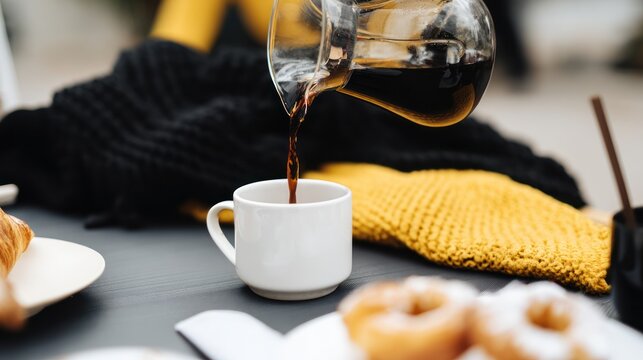 Coffee being poured into a white mug.
