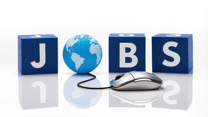 Obraz premium Blue blocks with letters jobs and a globe with a computer mouse on white background