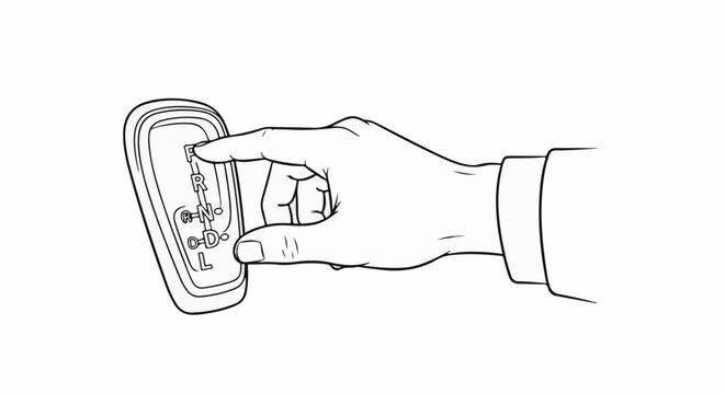 Hand operating a car's gear shift lever, showing drive selector options