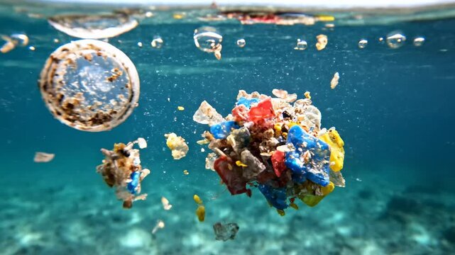 Underwater pollution with floating plastic debris and microplastics in the ocean, environmental damage, and marine ecosystem threat