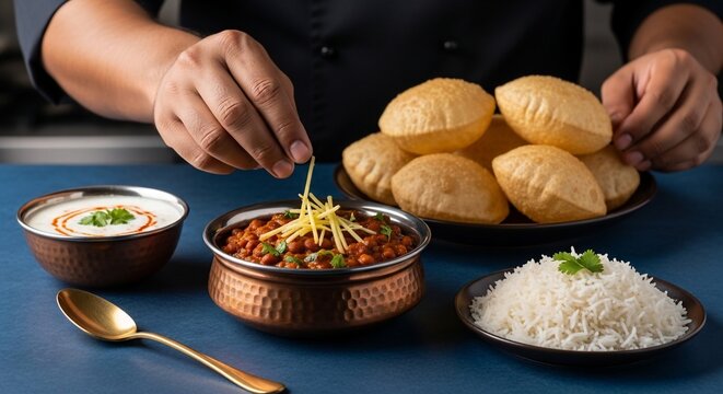 Chef garnishing delicious Indian Chana Masala, served with Puri, rice, raita.