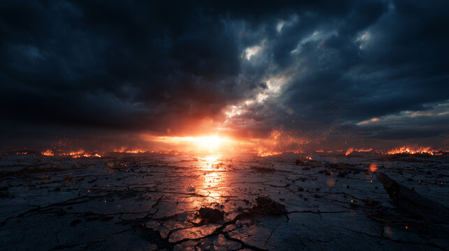 Apocalyptic landscape showing burning debris scattered across a cracked earth under a dark, dramatic sky