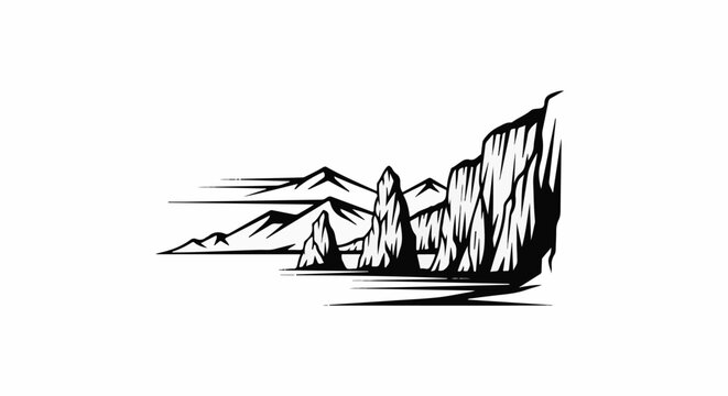 Stylized mountain range with rocky cliffs and water reflections