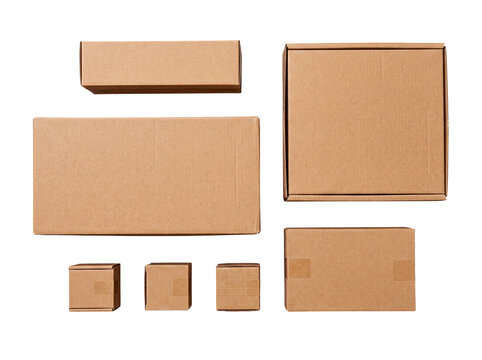 Assortment of new, closed brown cardboard boxes in various sizes and orientations, isolated on a transparent background.