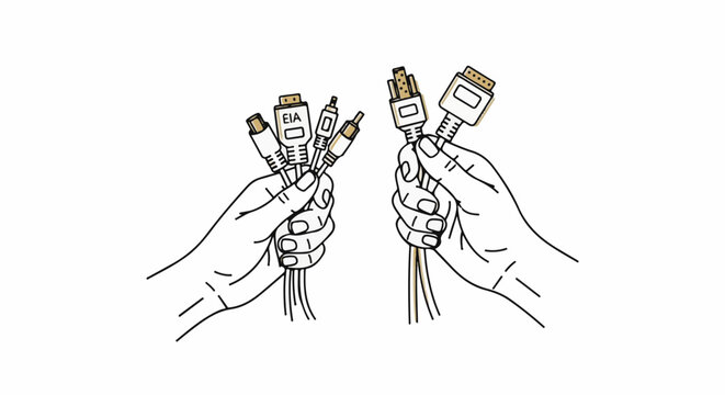 Two hands hold various audio and video cables, one with "EIA" text