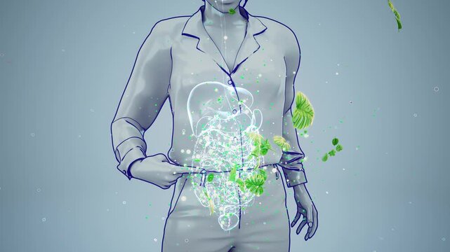 Conceptual 3D animation of a woman with visible microbiome and flying green leaves