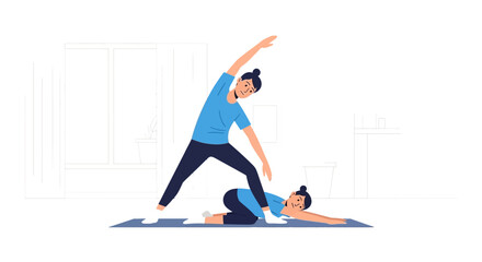 Fototapeta premium Two young women engaging in various beneficial yoga and stretching exercise poses, promoting wellness, flexibility, and a healthy lifestyle in a comfortable home environment