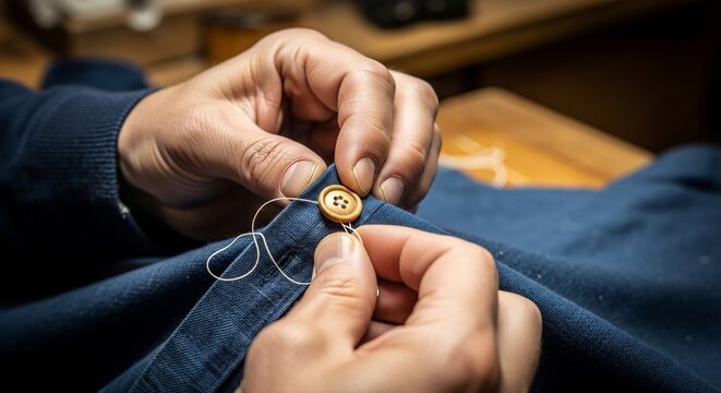 Hands sewing a wooden button on blue fabric garment in a tailor shop for clothing repair or custom design.