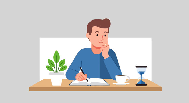 A focused man writing in a notebook while sitting at a desk with a plant, coffee cup, and hourglass, illustrating productivity and concentration
