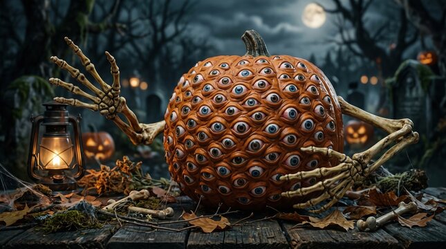 Halloween pumpkin decorated with numerous eyes skeleton hands emerging from the sides set against a dark spooky forest