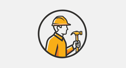 Fototapeta premium Stylized illustration of a construction worker in hard hat holding a hammer