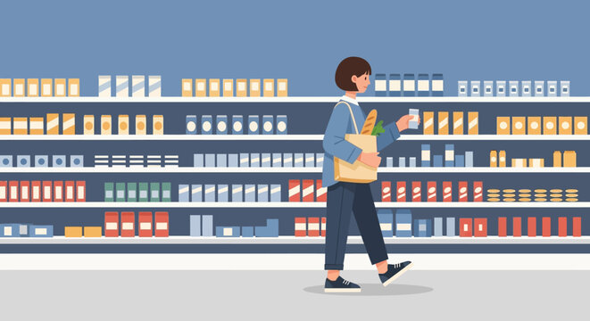 A person walks through a grocery store aisle, pushing a cart and carrying shopping bags filled with groceries