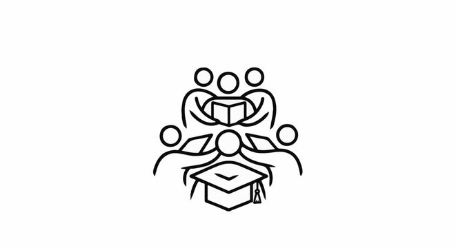 Stylized figures gather around a book and graduation cap