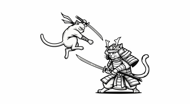 Two cats in warrior attire engaged in a sword fight with each other
