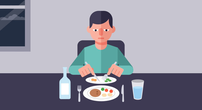 A solitary man sits alone at a dining table, his dinner barely touched, reflecting a profound sense of melancholy and disinterest in his daily routine