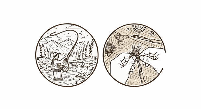 Two circular illustrations depicting fly fishing and lure creation