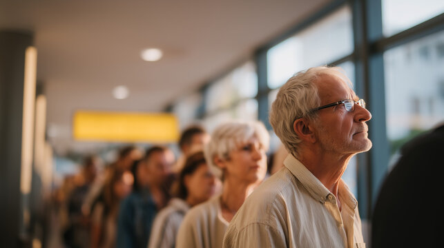 Identity verification waiting area inside a government services center shows a multicultural crowd holding numbered tickets and document folders. Overhead directional signage points toward biometric