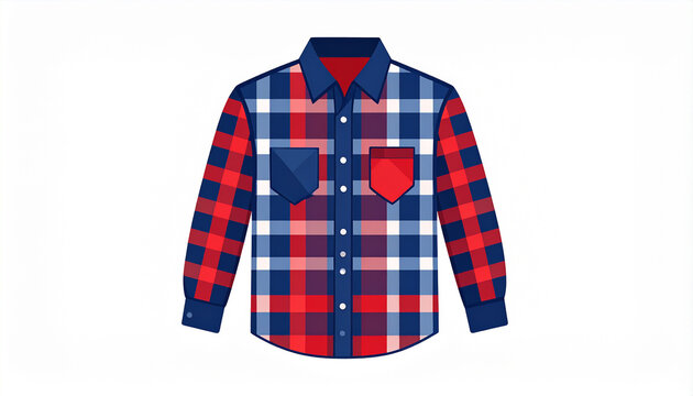 Red blue and white plaid flannel shirt with pockets on white background checkered