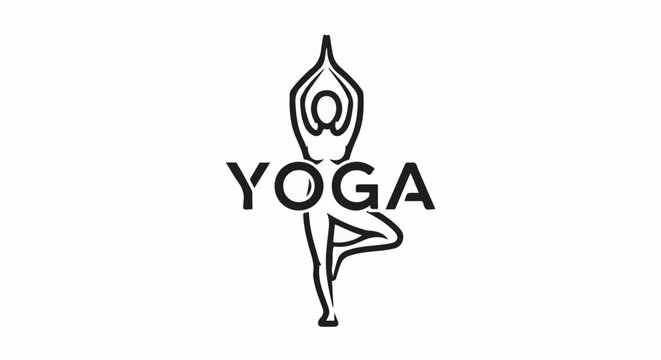 Minimalist black graphic shows figure in tree pose with word "YOGA
