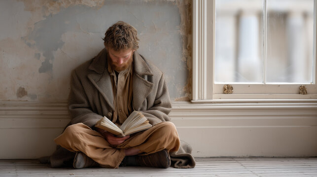 Preservation architect kneels beside an ornate Victorian baseboard, using a magnifying loupe to examine original hand-carved detailing. A worn reference binder lies open nearby, a faded architectura