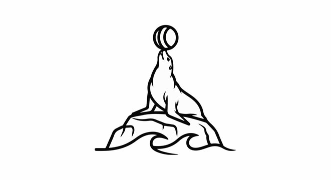Seal balancing a striped ball on its nose atop a rock