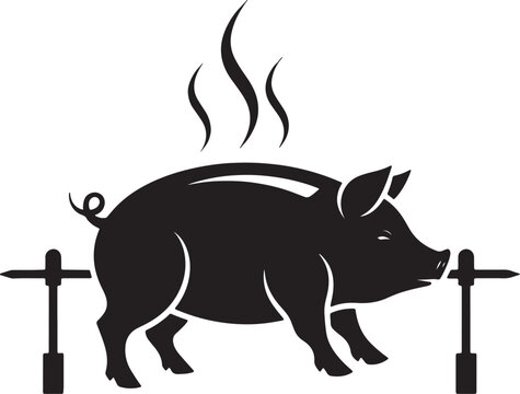 Black silhouette of a pig roasting on a spit with smoke also transparent background