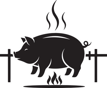 Black silhouette of a pig roasting over a fire with smoke rising also transparent background