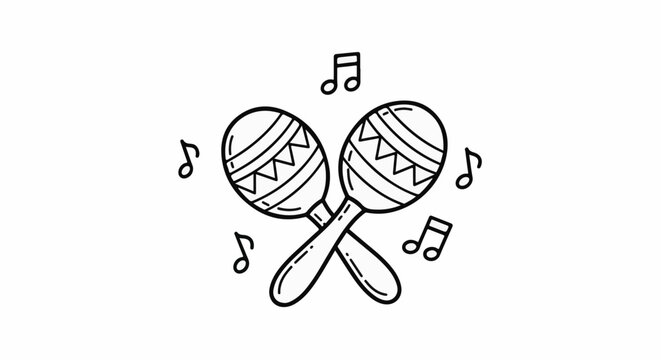 Simple line drawing of crossed maracas with musical notes