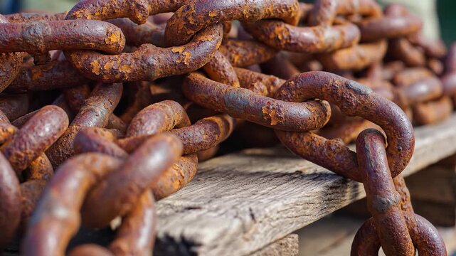 Close-up of a thick, rusty metal chain resting on weathered wood.