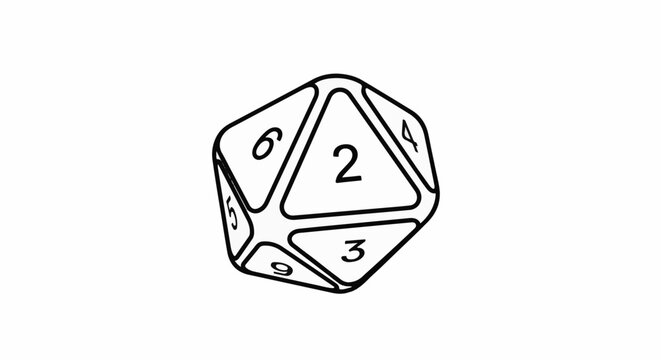 Black and white outline of a twenty-sided die with numbers visible on faces