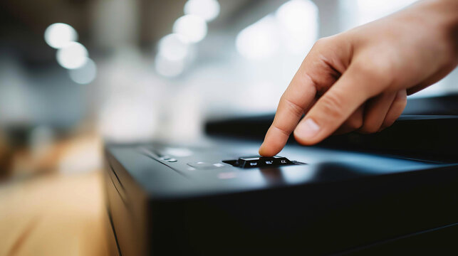 Hand pressing power button on a dark office printer. Activating or deactivating a business machine helps manage daily tasks