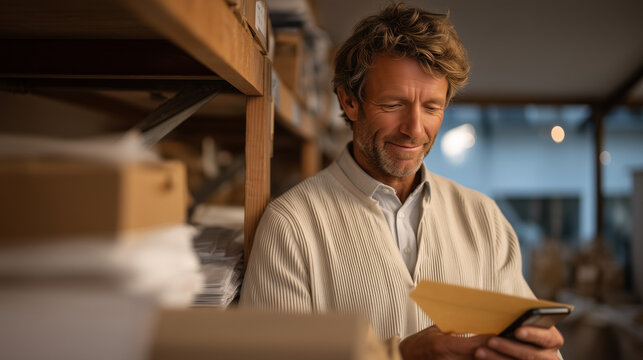 Small business owner photographs a stack of unpaid invoices using a mobile app in a cluttered back-office storeroom. Afternoon light filters through frosted glass panels onto shelving units packed w