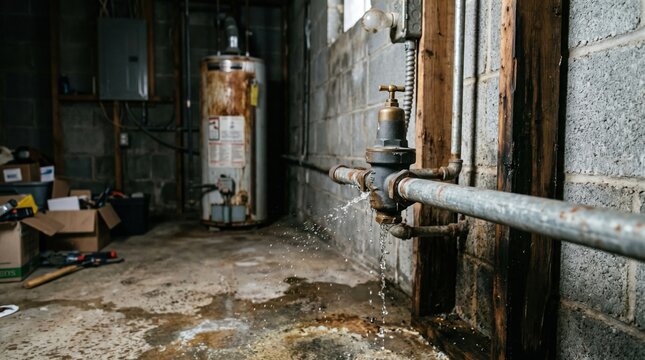 Leaky basement water heater and pipes with water damage utility room basement moisture plumbing neglected concrete