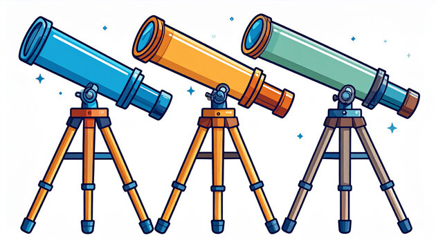 Three Colorful Telescopes On Wooden Tripods With Sparkles. telescope, telescopes