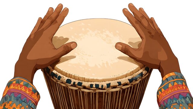 Artistic Illustration of Hands Playing a Traditional Drum, Close-up View of Percussion Performance, Cultural Rhythm and Ethnic Music Graphic, Tribal Drumming Action Concept