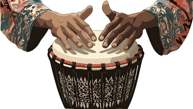 Artistic Illustration of Hands Playing a Traditional Drum, Close-up View of Percussion Performance, Cultural Rhythm and Ethnic Music Graphic, Tribal Drumming Action Concept
