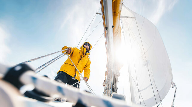 Sailor in yellow jacket pulling ropes, controlling movement of sailing boat on the sea during a sunny day. Adventure and freedom on water