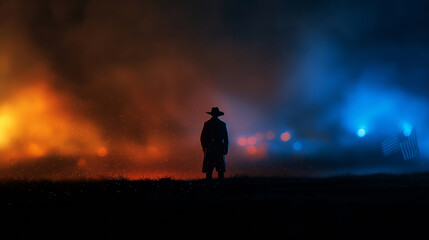 Fototapeta premium Lone figure standing on smoky battlefield under dramatic sky, American flag blending into the scene, symbolizing conflict and resolution