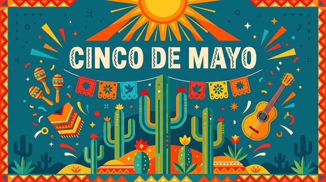 Vibrant cinco de mayo celebration banner with cacti and musical instruments