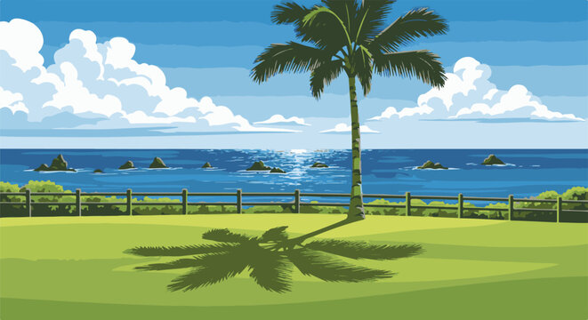 Sunny ocean view with a lone palm tree and its shadow on green grass