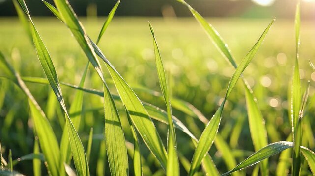 Close-up of Lush Green Grass Blades in Golden Sunlight.