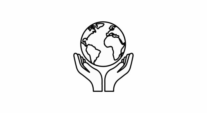 Line art of hands cradling a stylized planet Earth