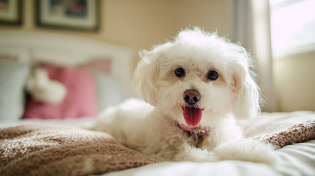Small dog resting comfortably on soft bedding, enjoying a peaceful moment in a domestic setting bathed in gentle window light