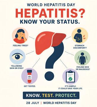 Poster about World Hepatitis Day showing liver symptoms and testing importance.