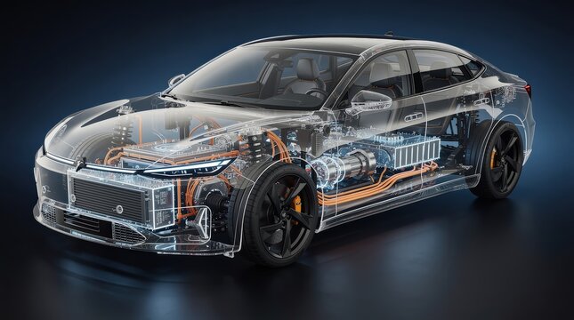 Transparent electric car showcasing internal components and wiring in a sleek, futuristic design on a dark background.