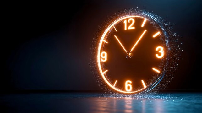 Glowing Clock Face Dissipating into Particles, Time Passing Concept