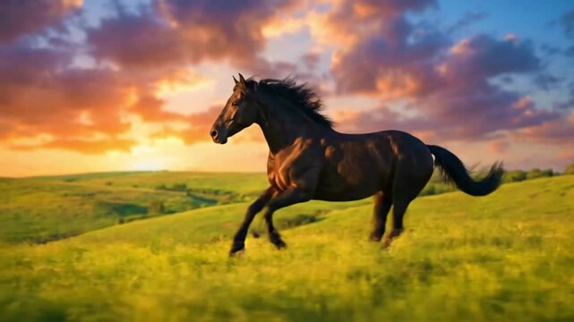Majestic Horse Running on Beautiful Green Hills at Sunset &ndash; Cinematic Nature Landscape Video