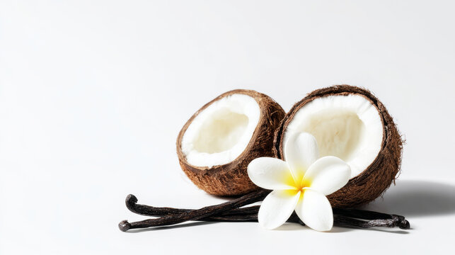 Coconut halves, white plumeria flower, and vanilla pods compose a fresh arrangement on a clean white background with soft shadows