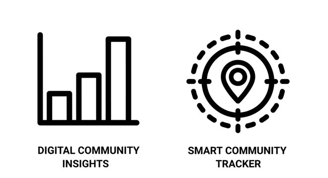 Digital community insights and smart community tracker outline icons set